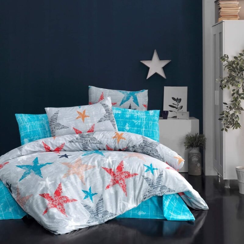 Drap de lit imprimé bleu-blanc étoîlé -6090